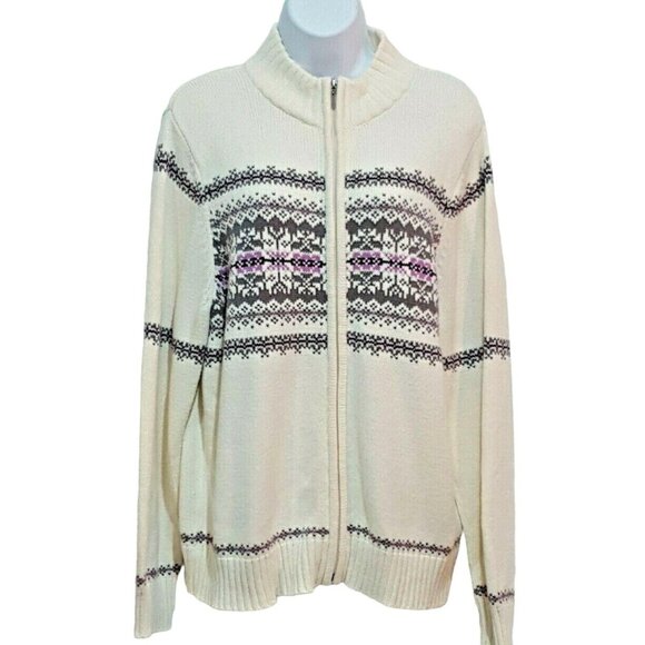Vintage Cardigan Sweater XL Ivory Nordic Fair Isle Snowflake Zip Up Grandpa - Picture 1 of 9